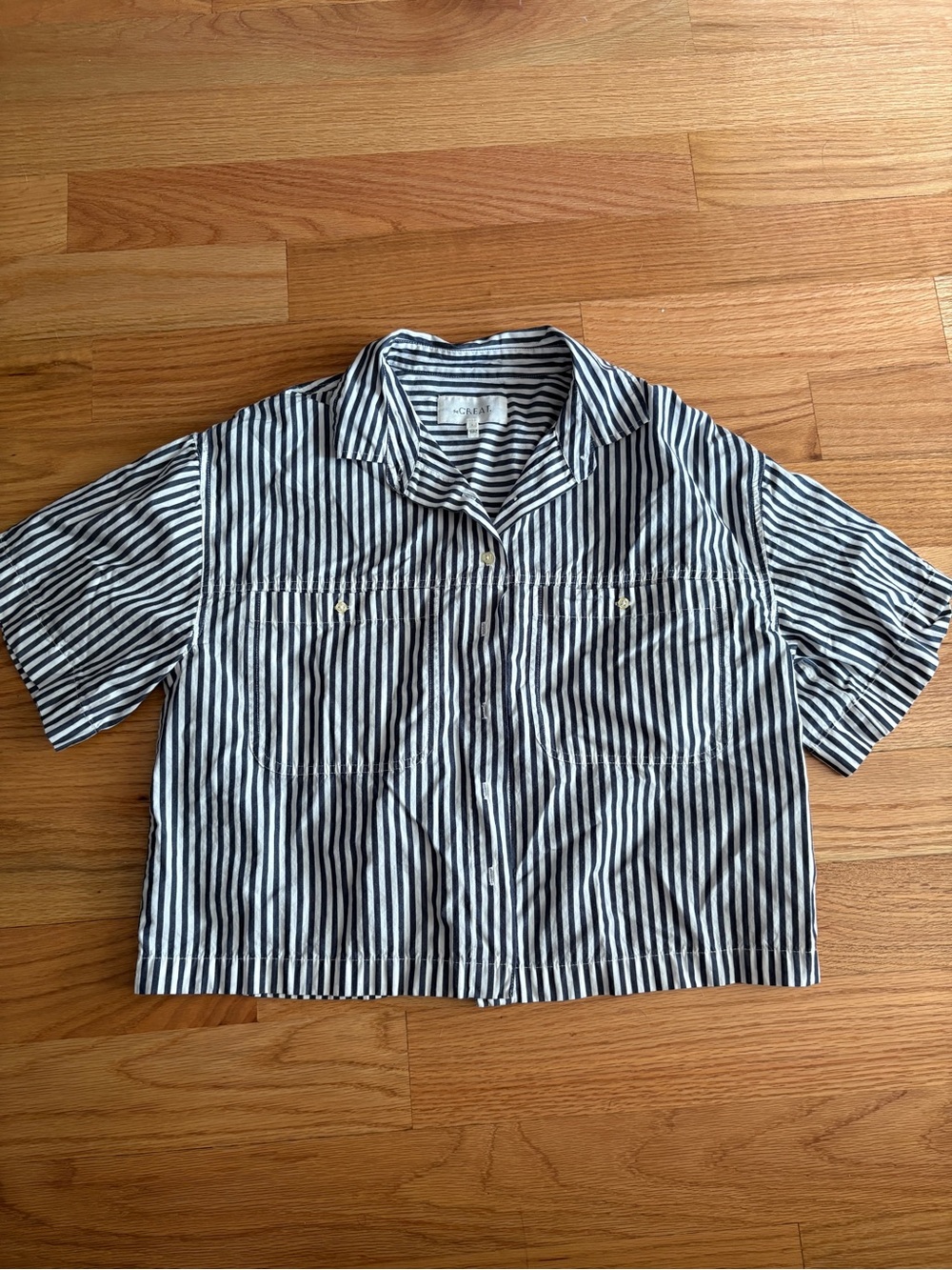 The Great. Boxy Striped Short-Sleeve Button-Up Shirt